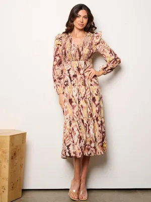 WOMEN'S LONG SLEEVE V-NECK POCKETS SMOCK MULTI PRINT MIDI DRESS
