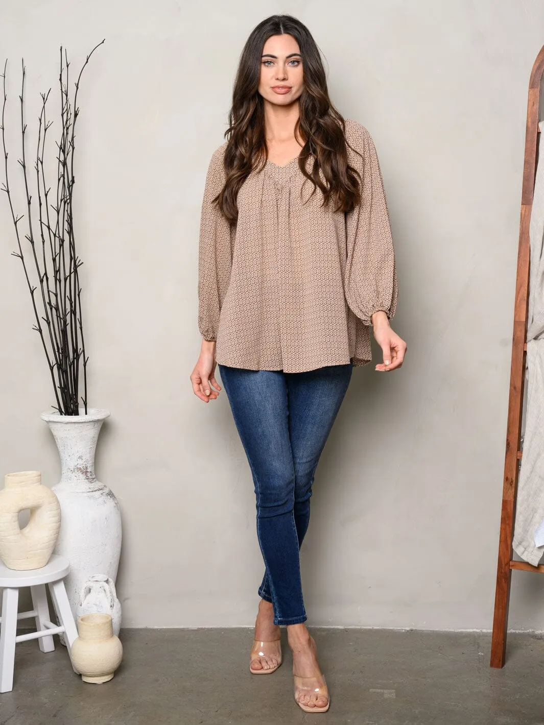 WOMEN'S LONG SLEEVE V-NECK PRINTED BLOUSE TOP