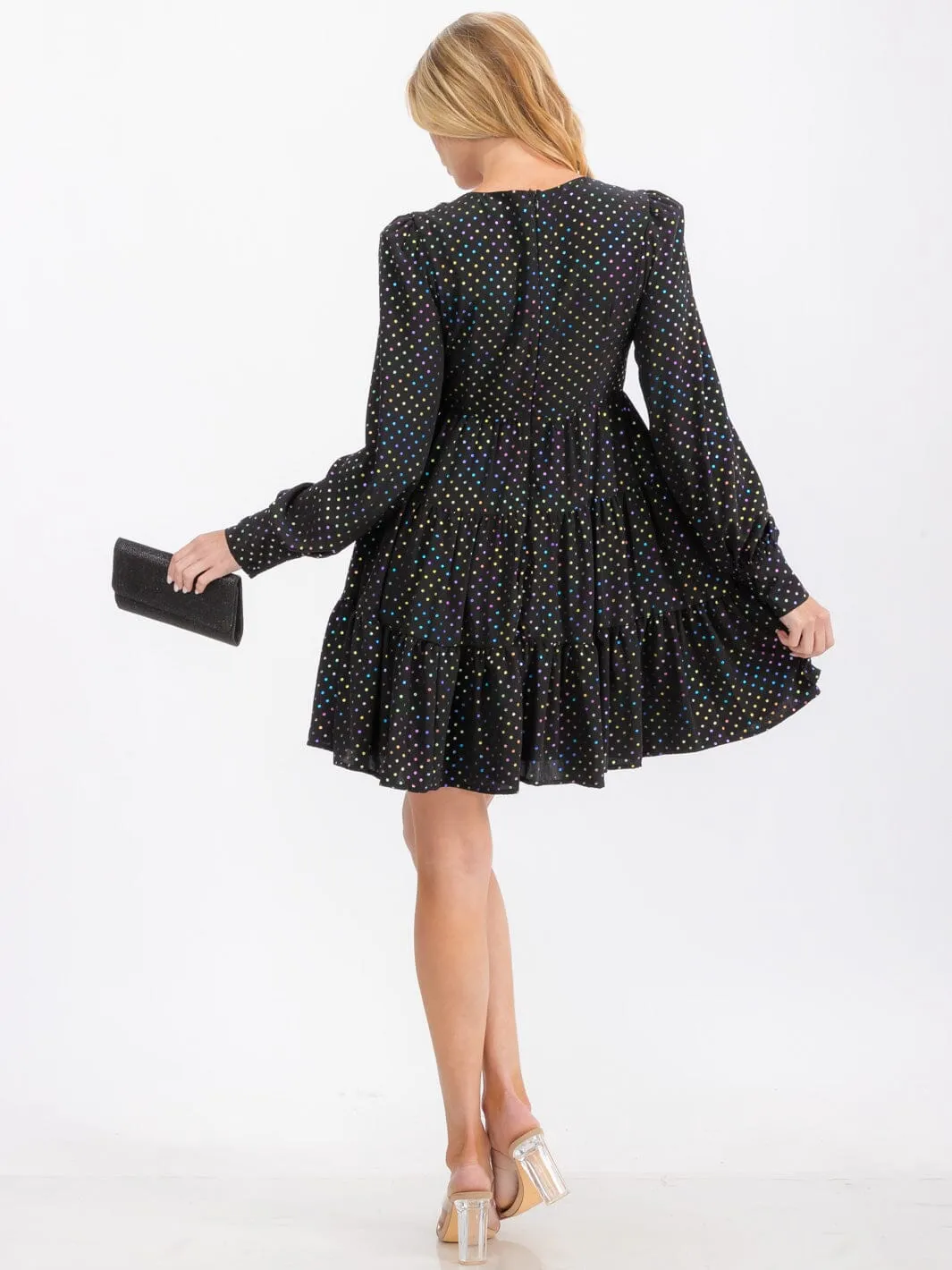 WOMEN'S LONG SLEEVE V-NECK TIERED MULTI POLKA DOTS PRINT TUNIC MINI DRESS