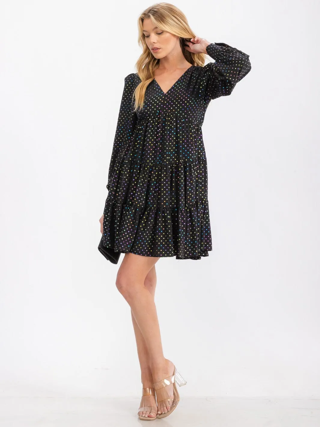 WOMEN'S LONG SLEEVE V-NECK TIERED MULTI POLKA DOTS PRINT TUNIC MINI DRESS