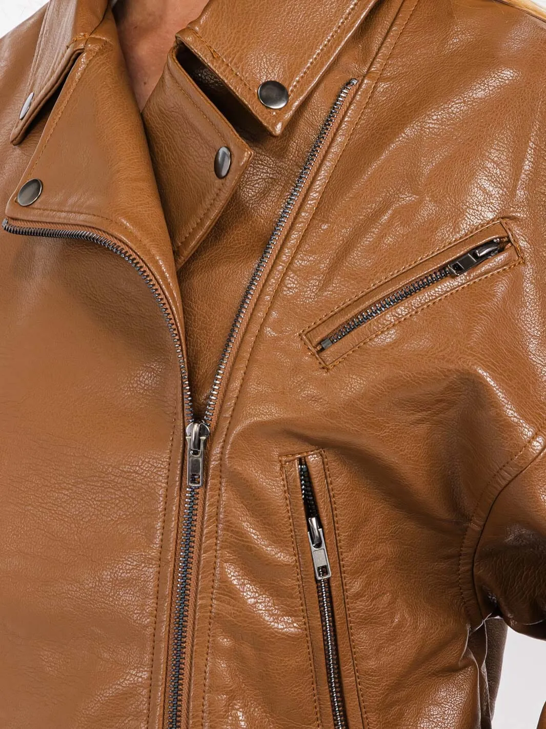WOMEN'S LONG SLEEVE ZIP UP FRONT POCKETS PU PLEATHER JACKET