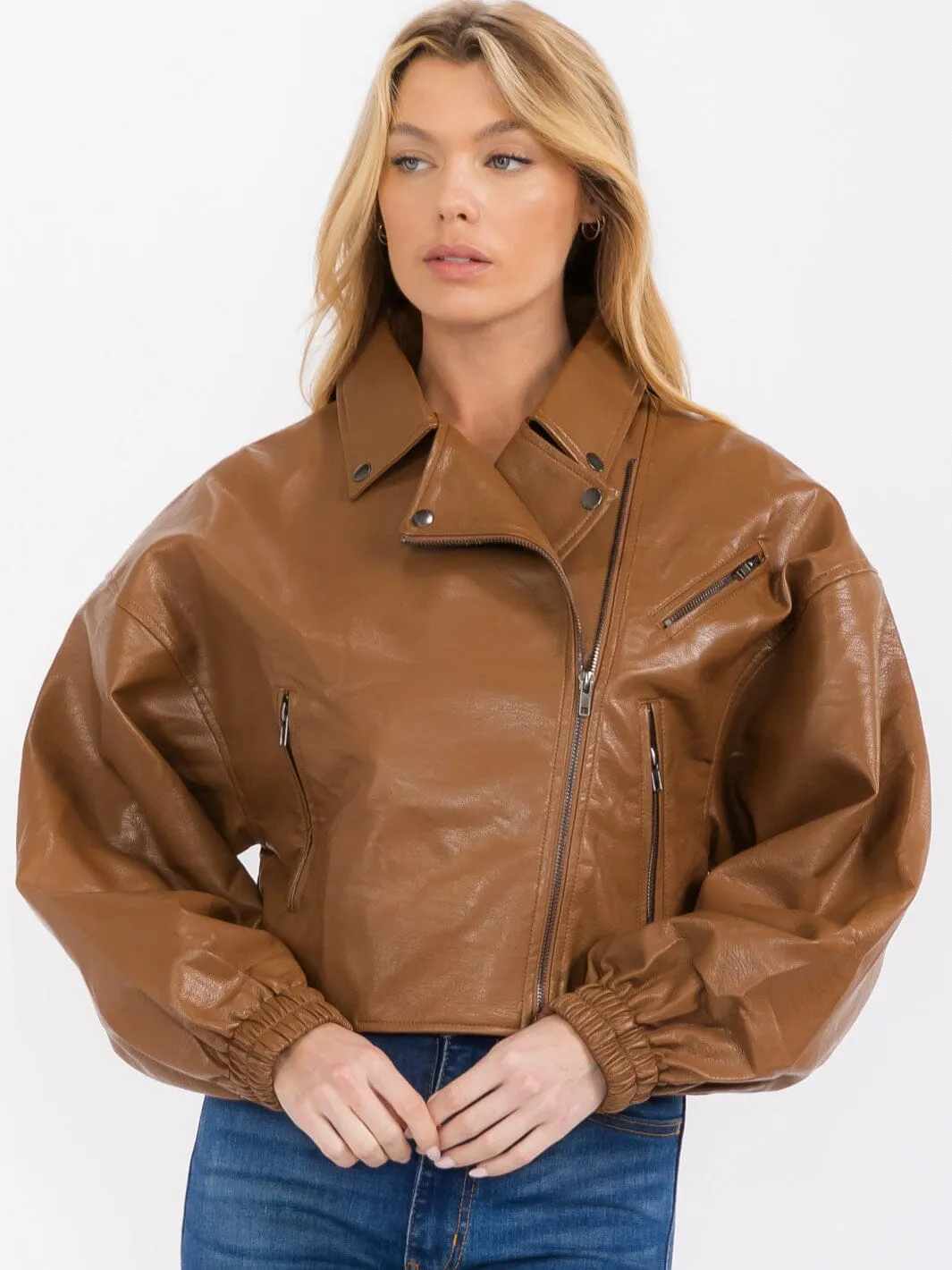WOMEN'S LONG SLEEVE ZIP UP FRONT POCKETS PU PLEATHER JACKET