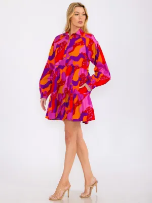 WOMEN'S LONG SLEEVES TIERED BUTTON UP POCKETS MULTI PRINT MINI DRESS