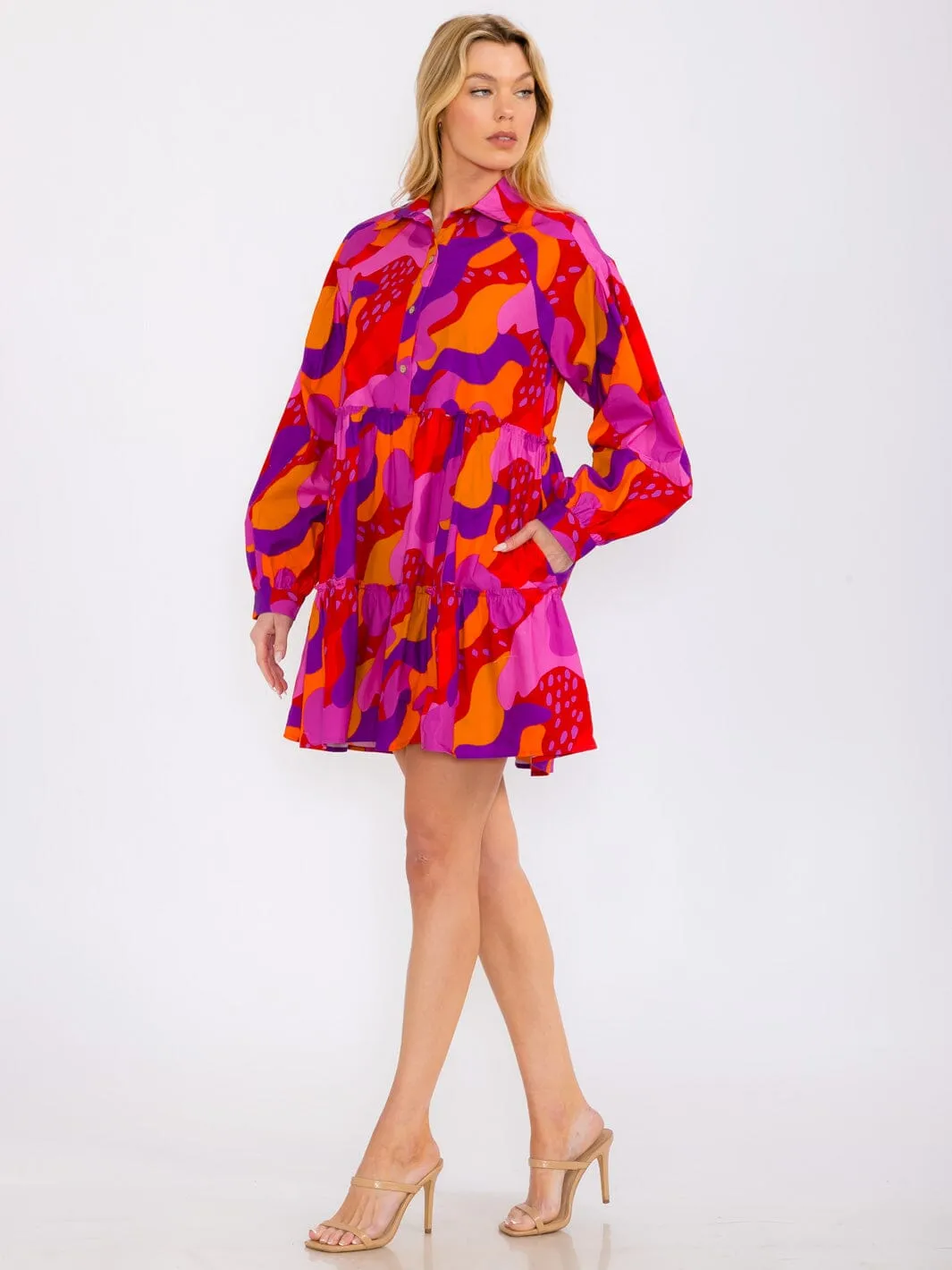 WOMEN'S LONG SLEEVES TIERED BUTTON UP POCKETS MULTI PRINT MINI DRESS