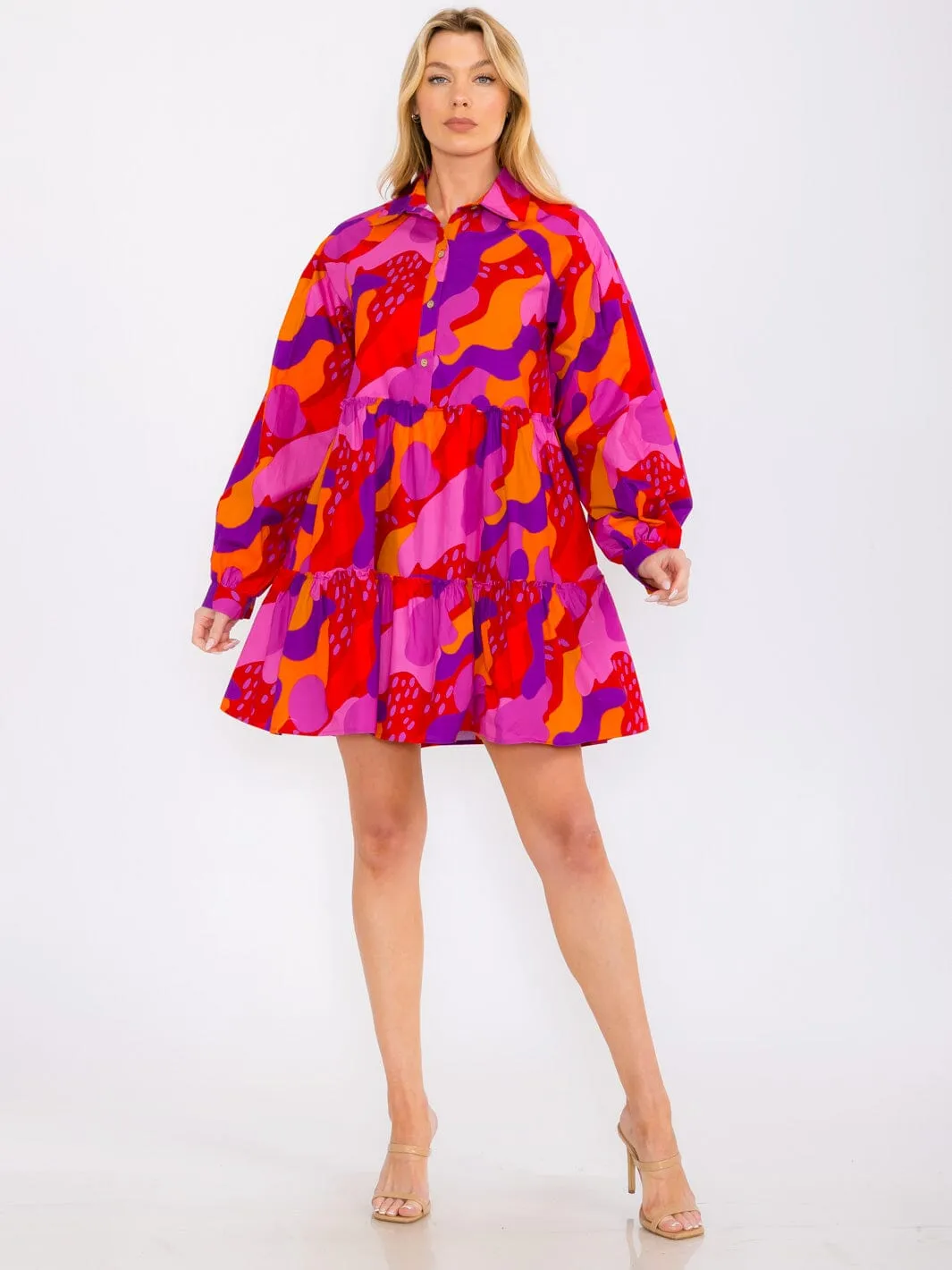 WOMEN'S LONG SLEEVES TIERED BUTTON UP POCKETS MULTI PRINT MINI DRESS