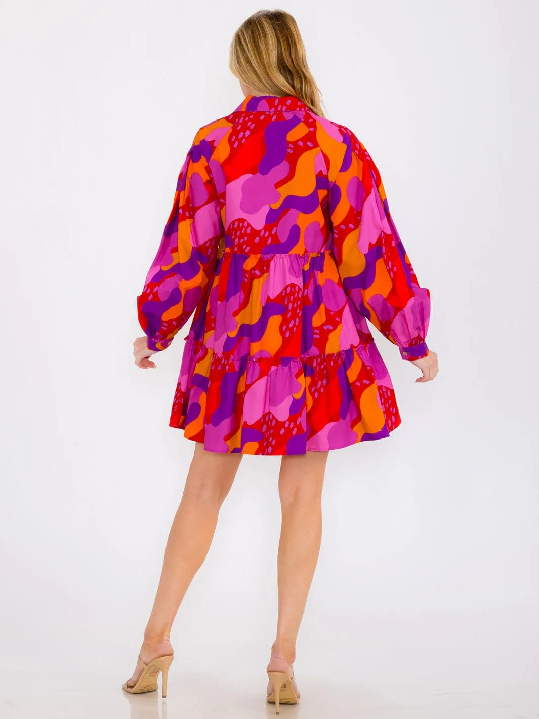 WOMEN'S LONG SLEEVES TIERED BUTTON UP POCKETS MULTI PRINT MINI DRESS