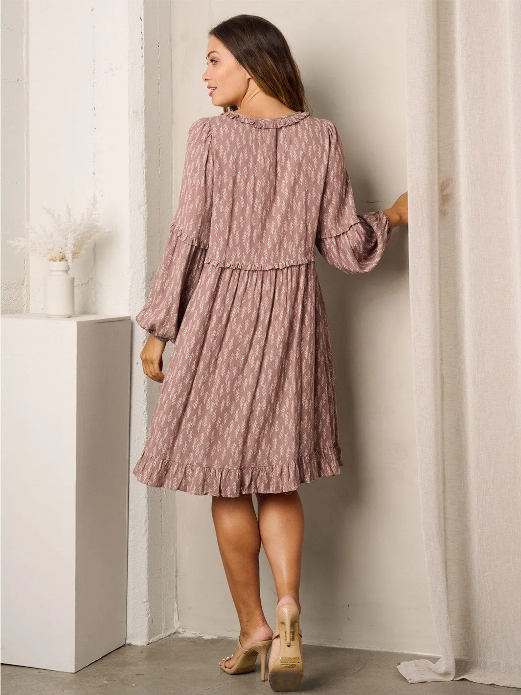 WOMEN'S LONG SLEEVES V-NECK TUNIC POCKETS LEAF PRINT MIDI DRESS
