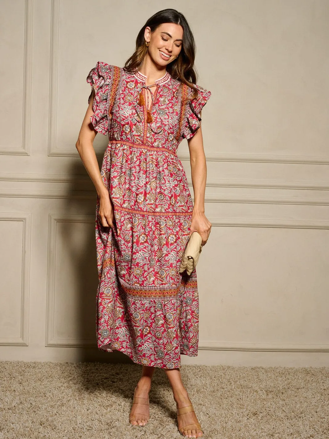 WOMEN'S RUFFLE SLEEVE V-NECK TIERED MULTI PRINT MAXI DRESS
