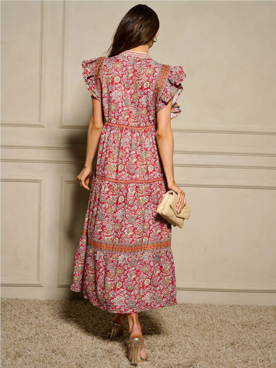 WOMEN'S RUFFLE SLEEVE V-NECK TIERED MULTI PRINT MAXI DRESS