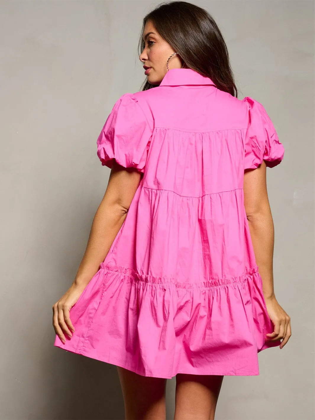 WOMEN'S SHORT PUFF SLEEVE BUTTON UP TIERED SEQUINS BOWS MINI DRESS