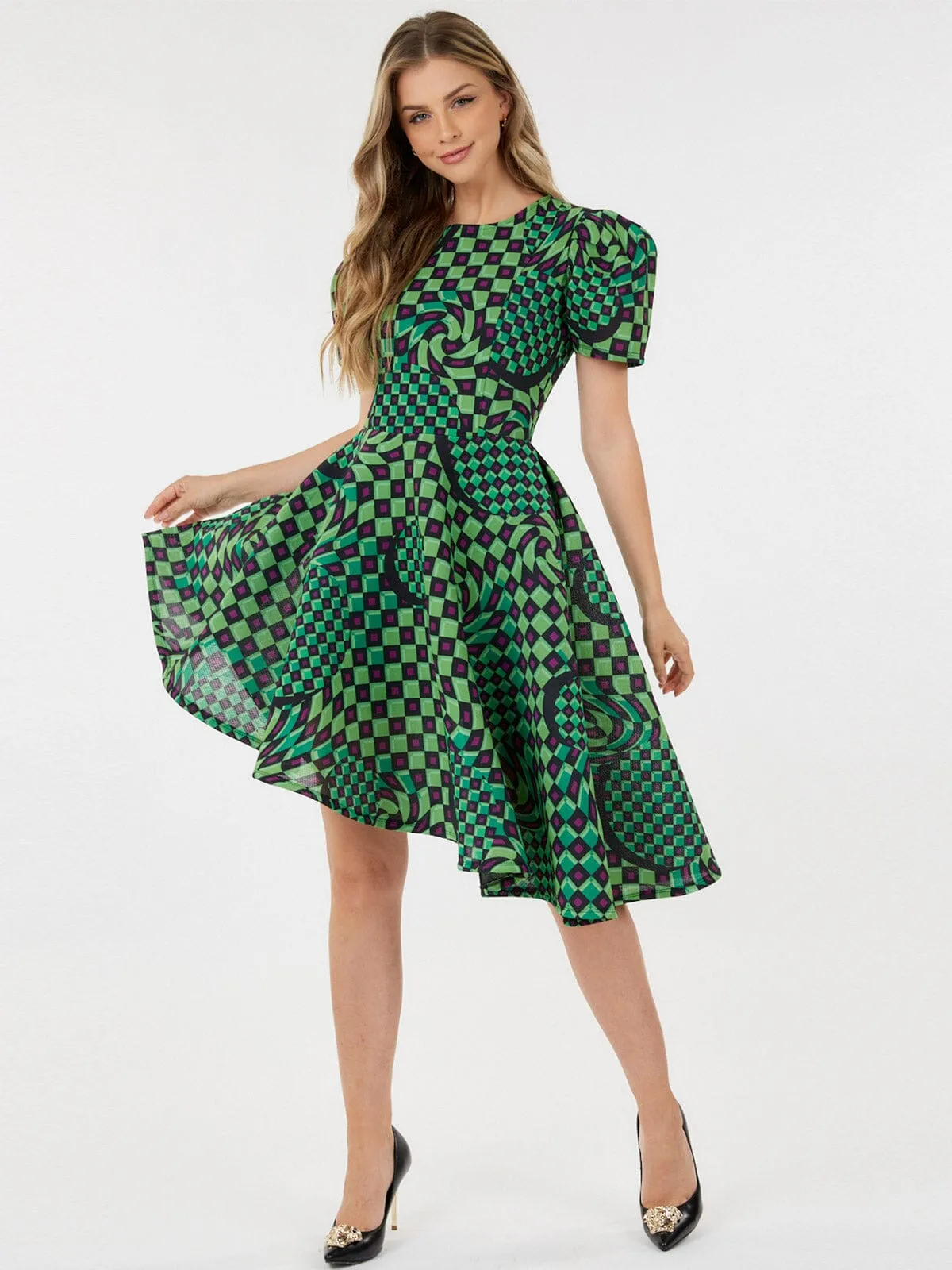 WOMEN'S SHORT PUFF SLEEVE MULTI PRINT MINI DRESS