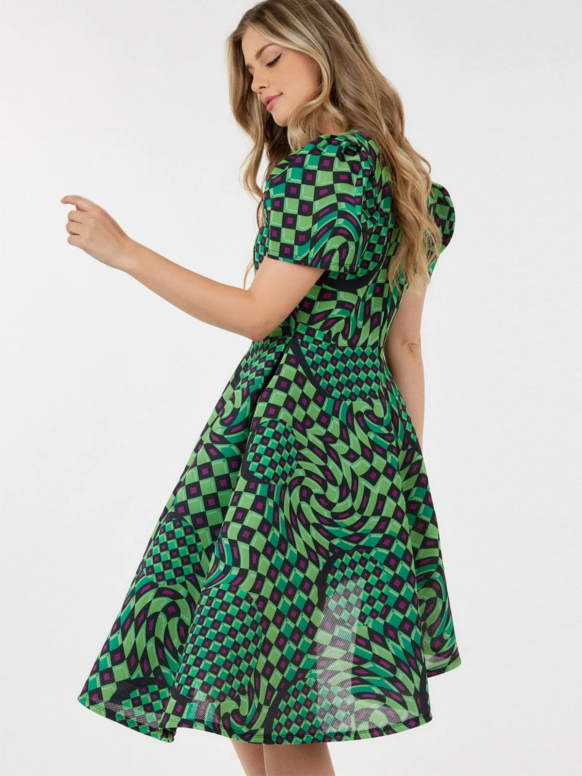 WOMEN'S SHORT PUFF SLEEVE MULTI PRINT MINI DRESS