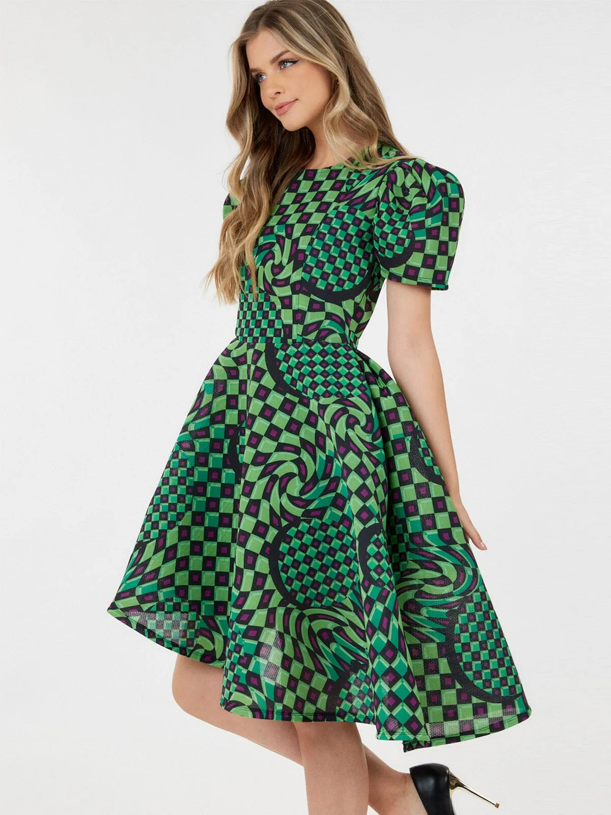 WOMEN'S SHORT PUFF SLEEVE MULTI PRINT MINI DRESS