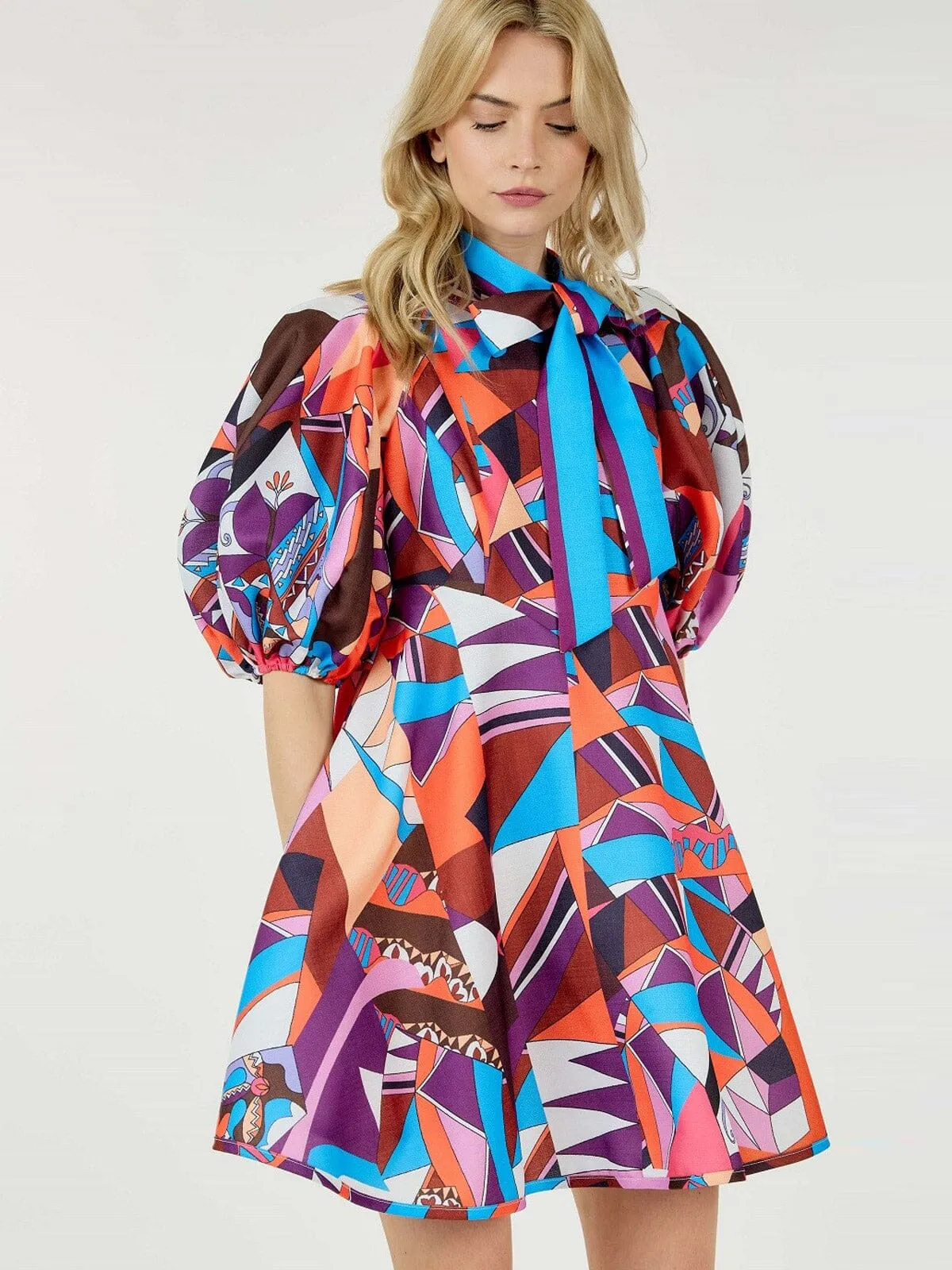 WOMEN'S SHORT PUFF SLEEVE MULTI PRINT TUNIC MINI DRESS