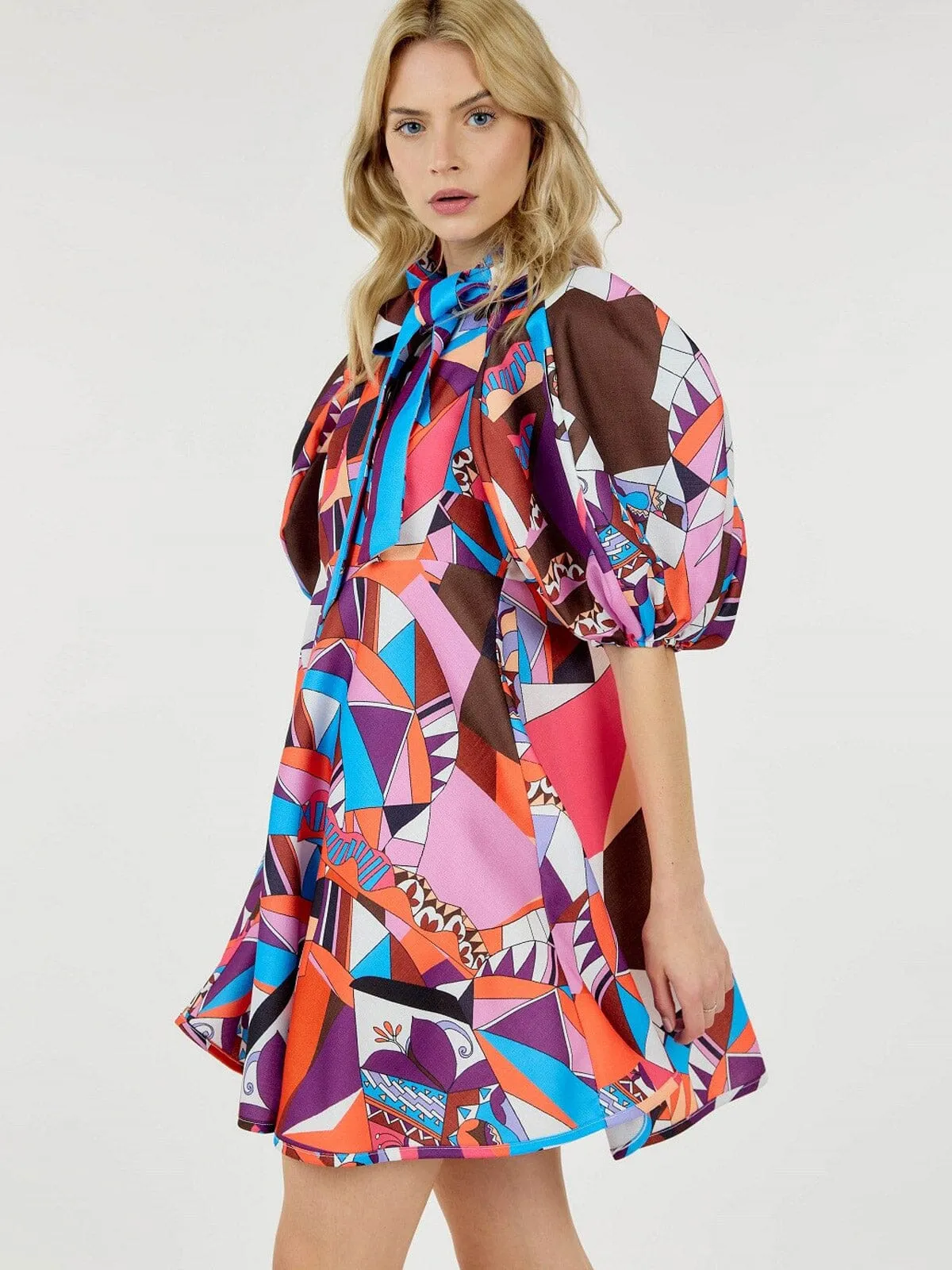 WOMEN'S SHORT PUFF SLEEVE MULTI PRINT TUNIC MINI DRESS