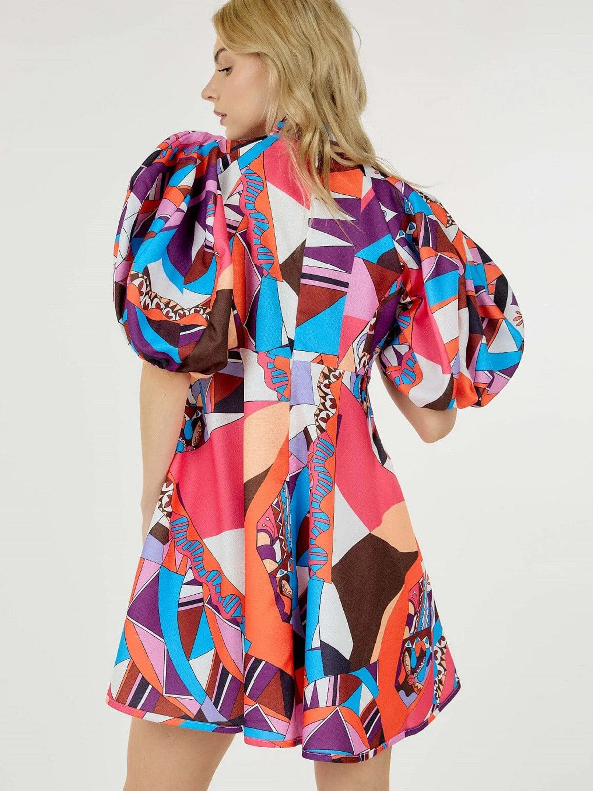 WOMEN'S SHORT PUFF SLEEVE MULTI PRINT TUNIC MINI DRESS