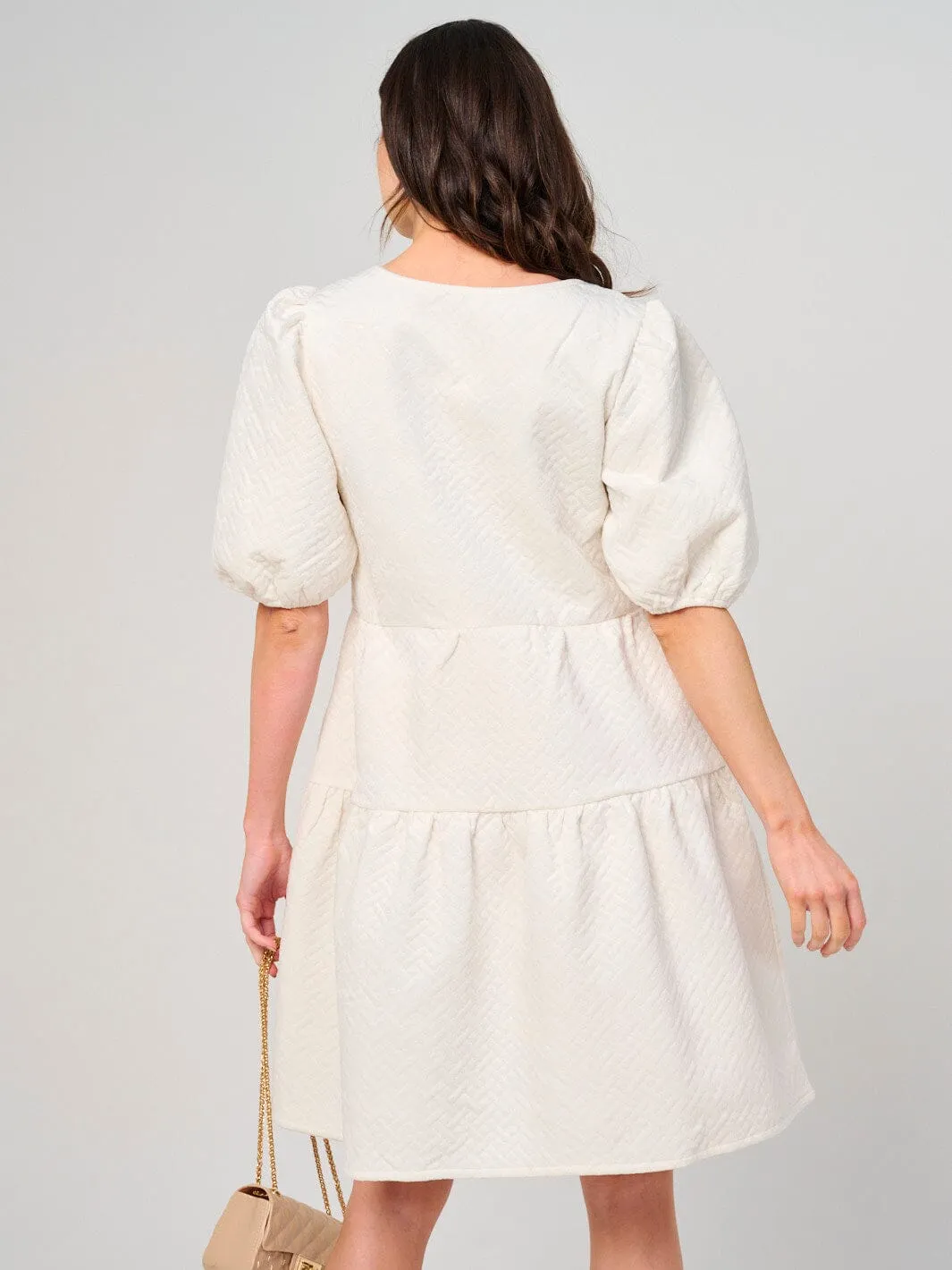 WOMEN'S SHORT PUFF SLEEVE TIERED FRONT POCKETS MINI DRESS