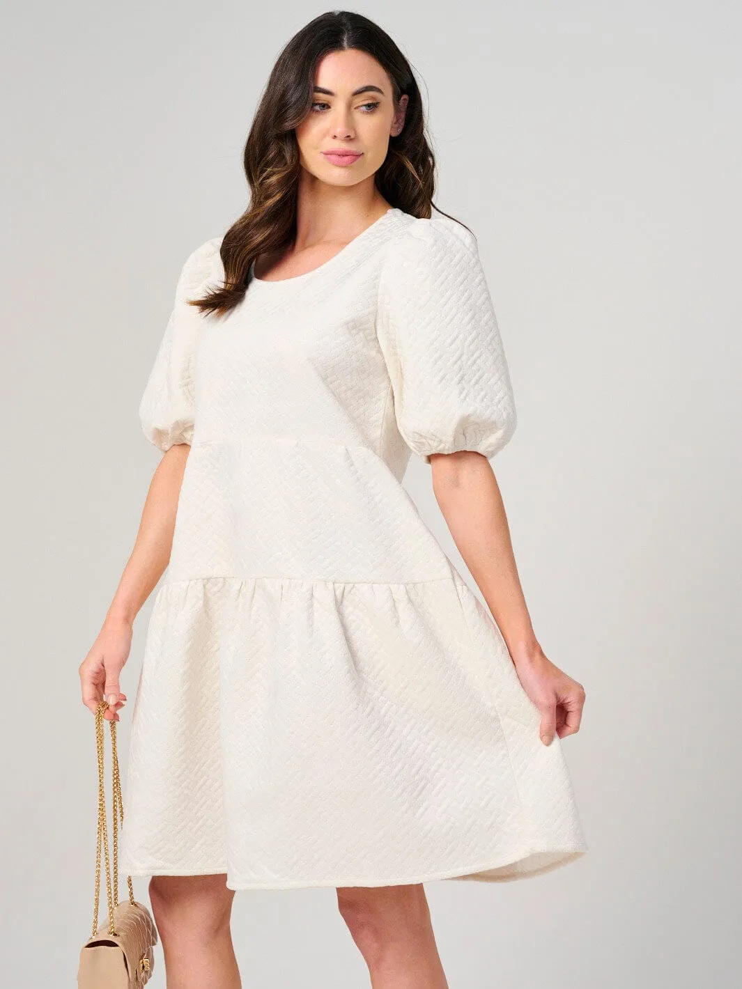 WOMEN'S SHORT PUFF SLEEVE TIERED FRONT POCKETS MINI DRESS