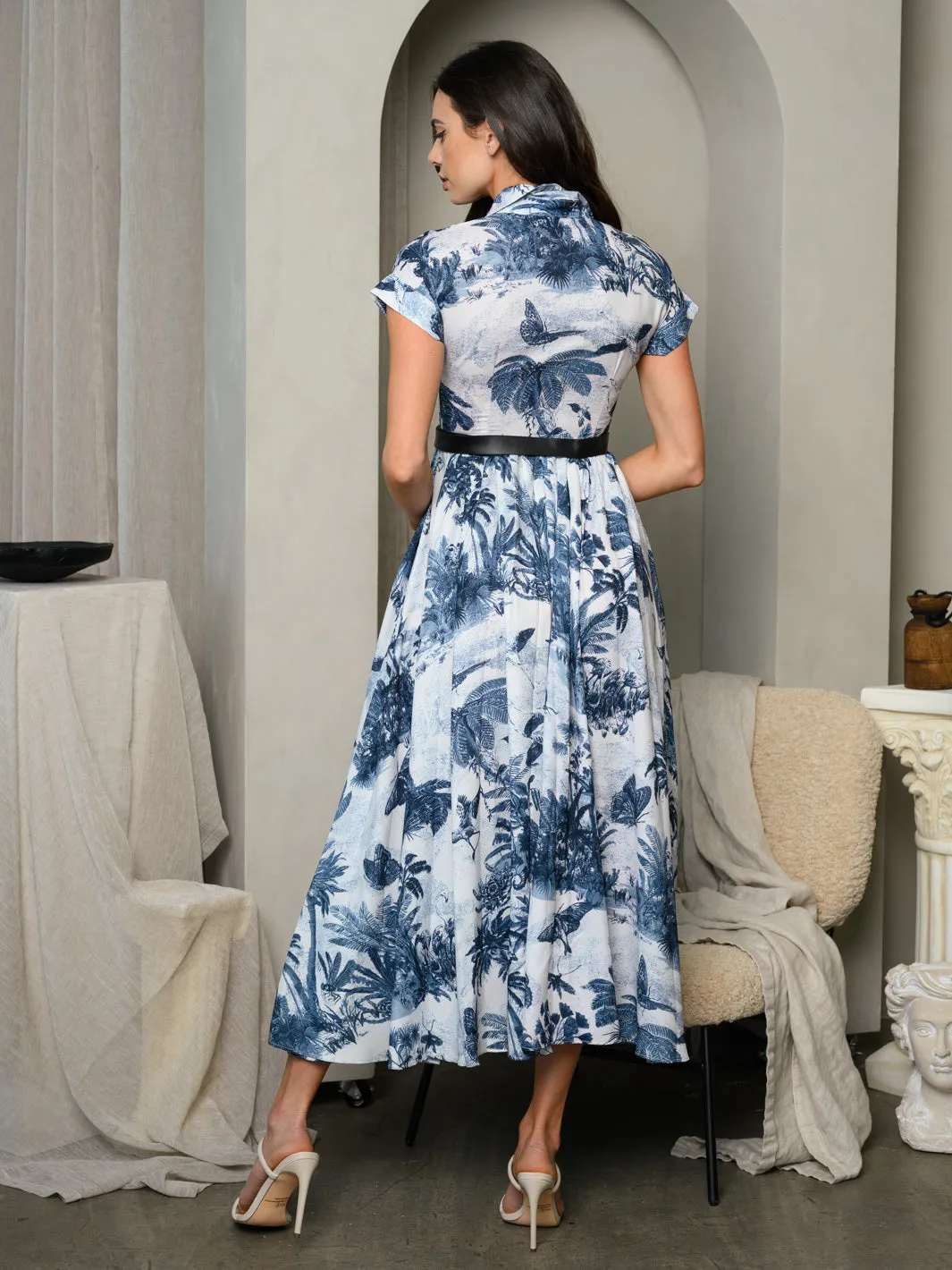 WOMEN'S SHORT SLEEVE BUTTON UP BELT MAXI DRESS