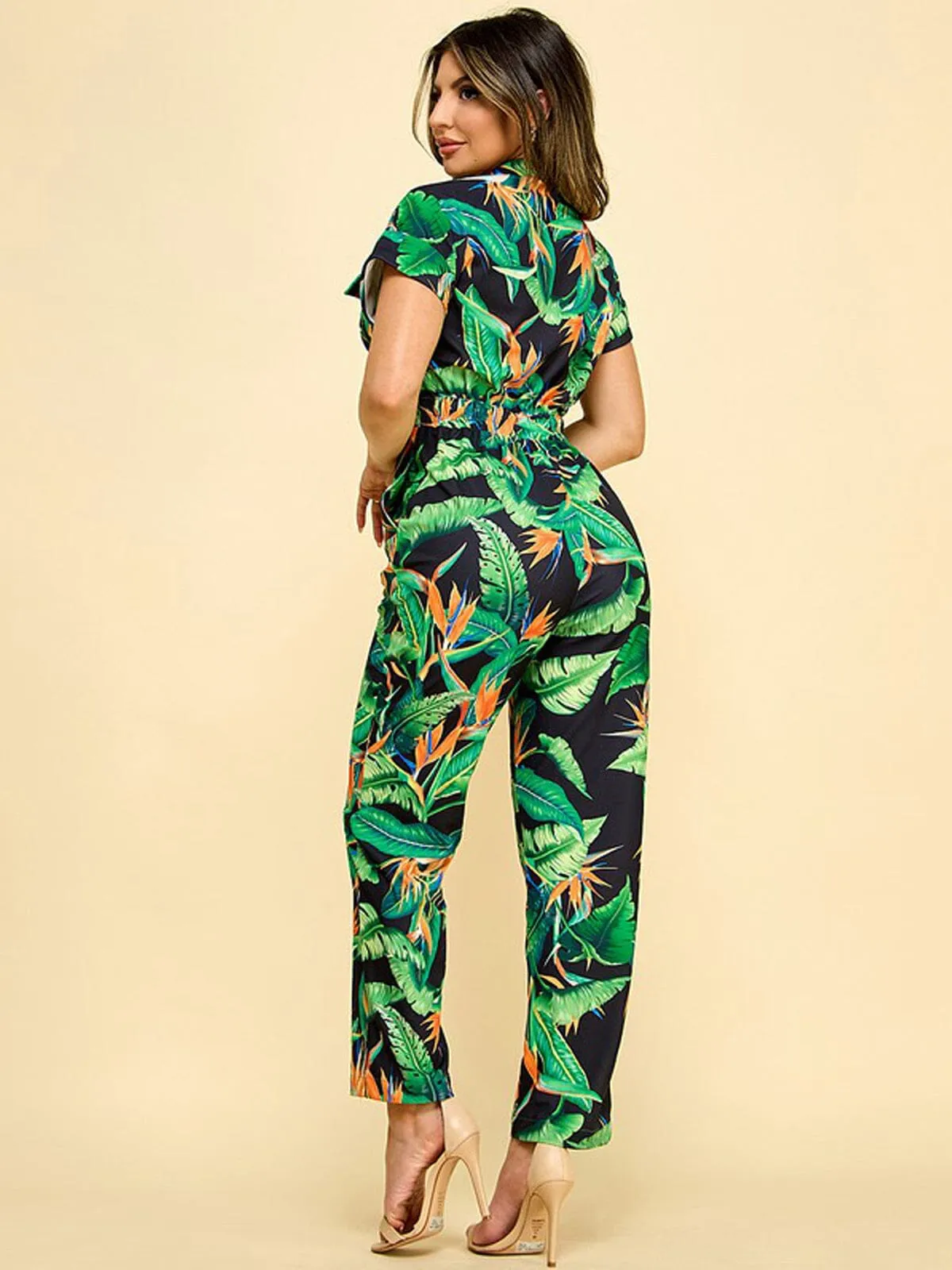 WOMEN'S SHORT SLEEVE BUTTON UP POCKETS FLORAL JUMSUIT