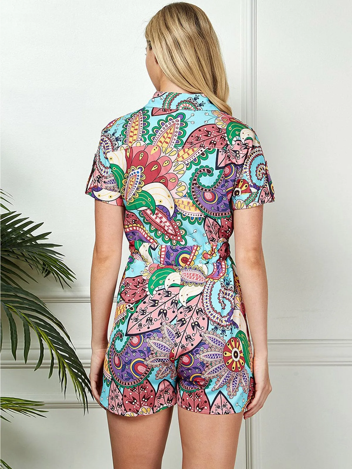 WOMEN'S SHORT SLEEVE BUTTON UP POCKETS MULTI PRINT ROMPER