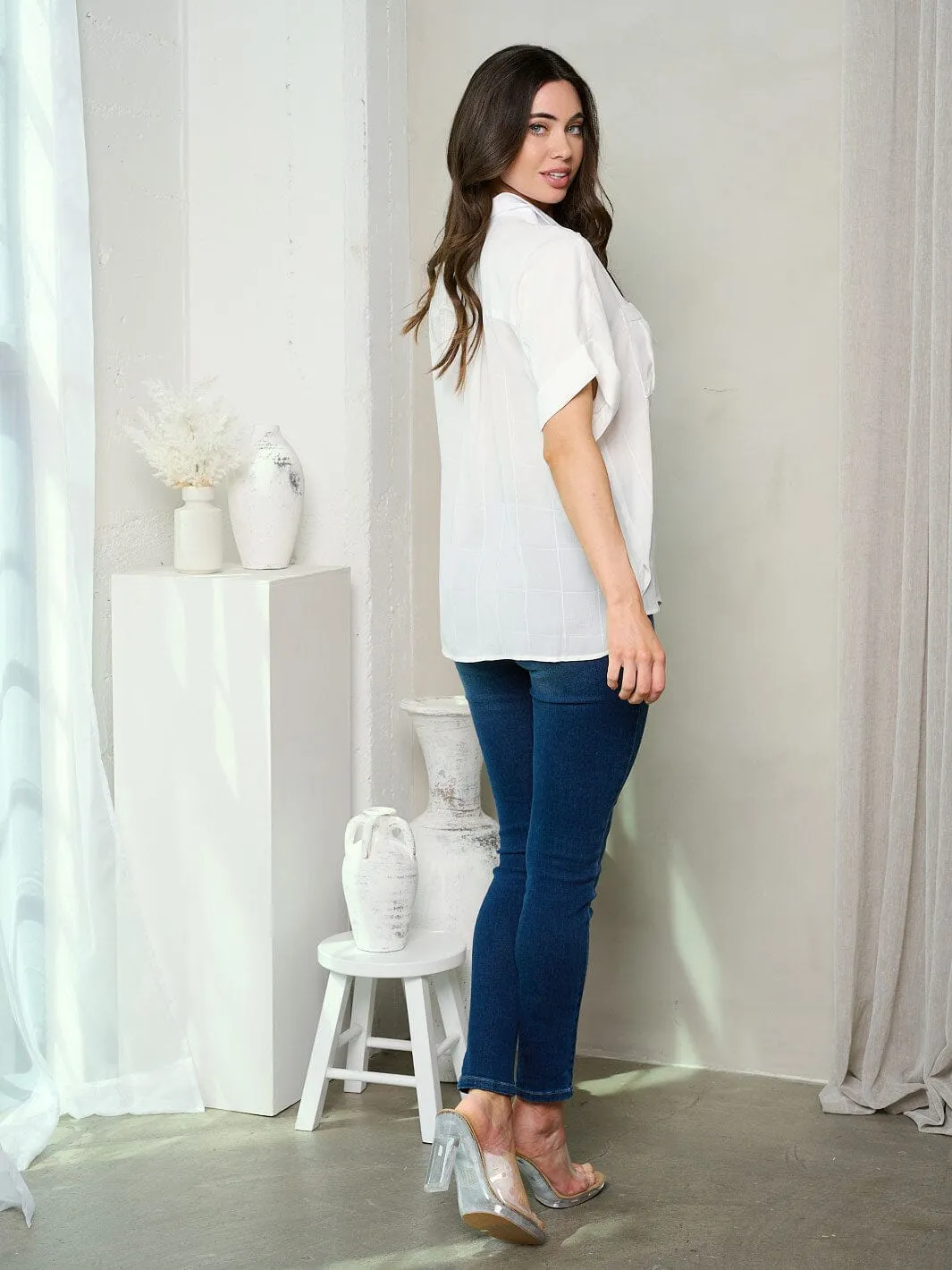 WOMEN'S SHORT SLEEVE FRONT POCKET BUTTON UP BLOUSE TOP
