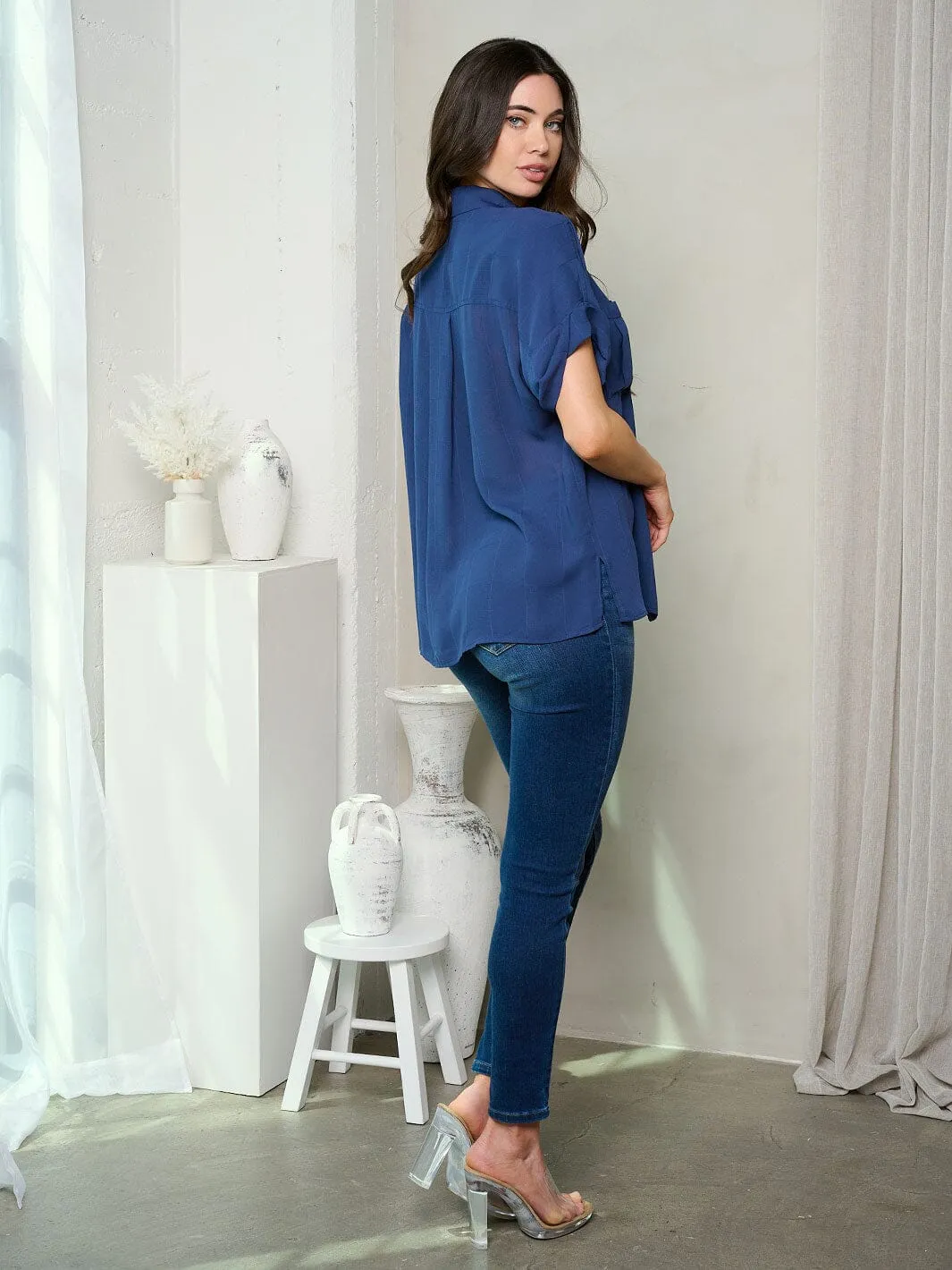 WOMEN'S SHORT SLEEVE FRONT POCKET BUTTON UP BLOUSE TOP