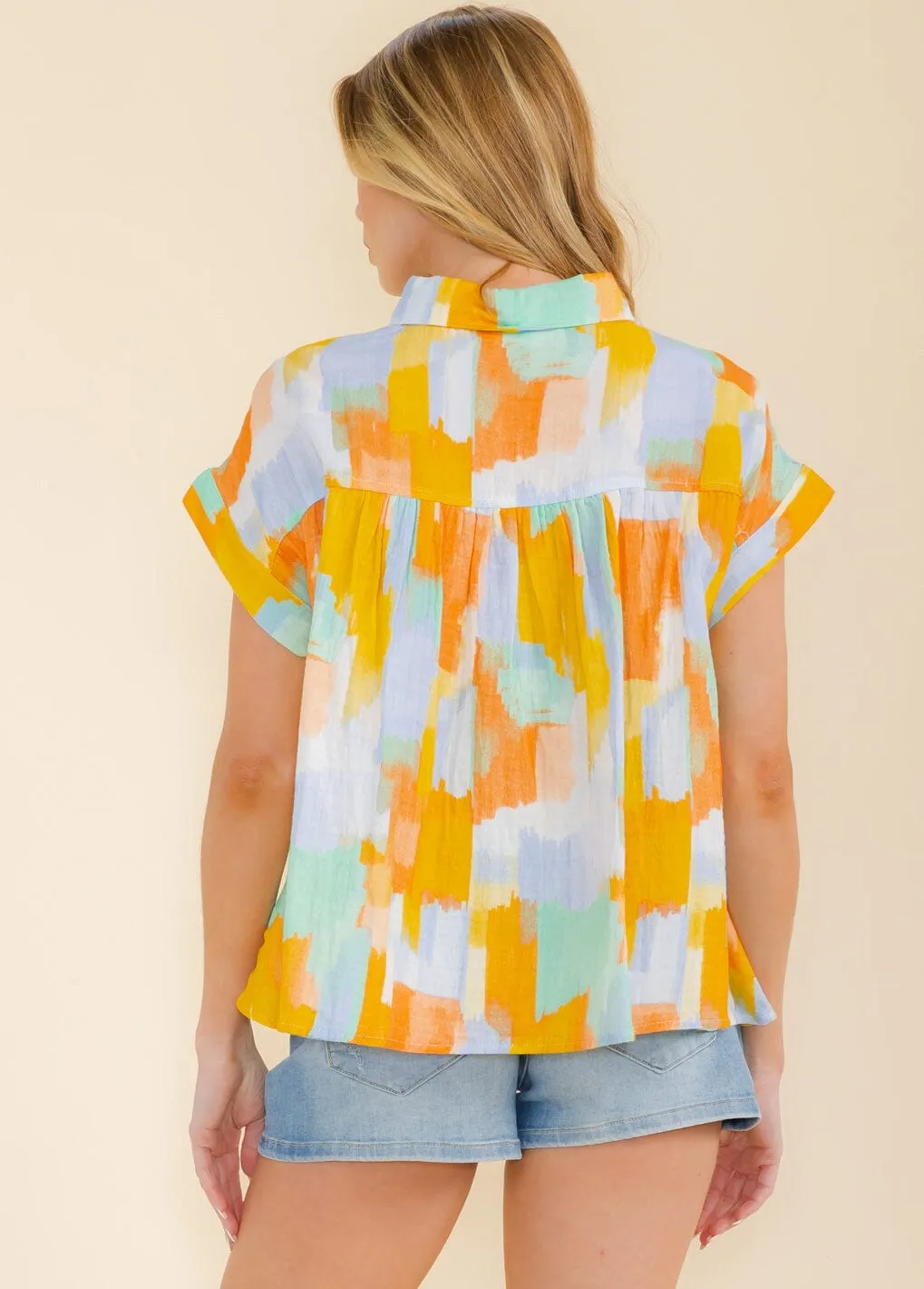 WOMEN'S SHORT SLEEVE FRONT POCKETS BUTTON UP MULTI BLOUSE