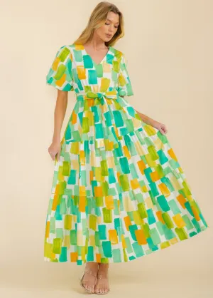 WOMEN'S SHORT SLEEVE FRONT POCKETS V-NECK SELF TIE MAXI DRESS
