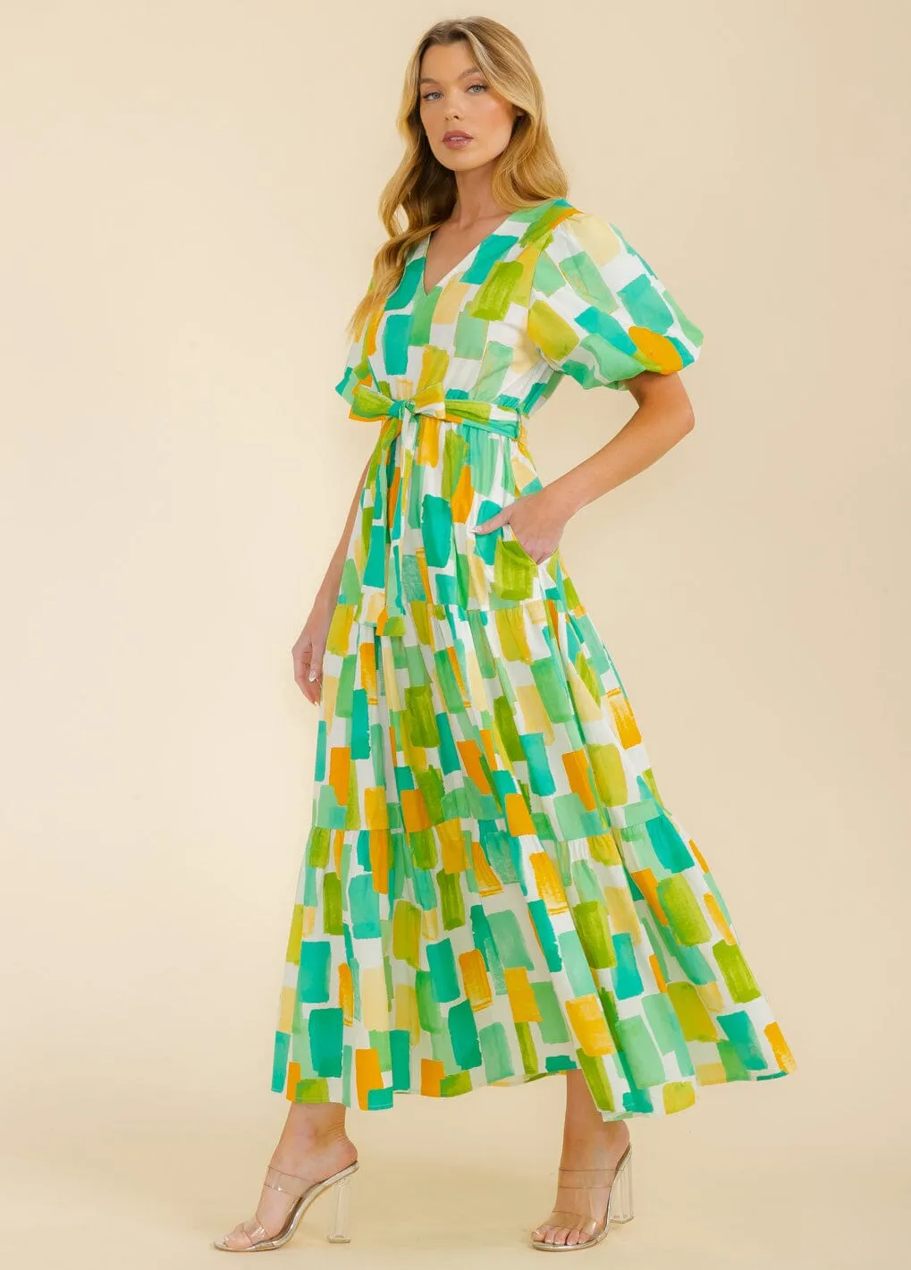 WOMEN'S SHORT SLEEVE FRONT POCKETS V-NECK SELF TIE MAXI DRESS