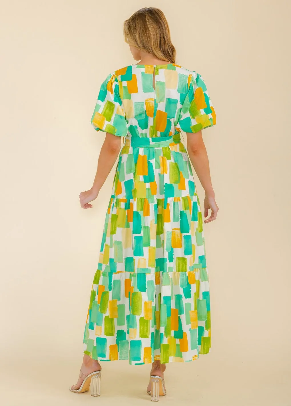 WOMEN'S SHORT SLEEVE FRONT POCKETS V-NECK SELF TIE MAXI DRESS