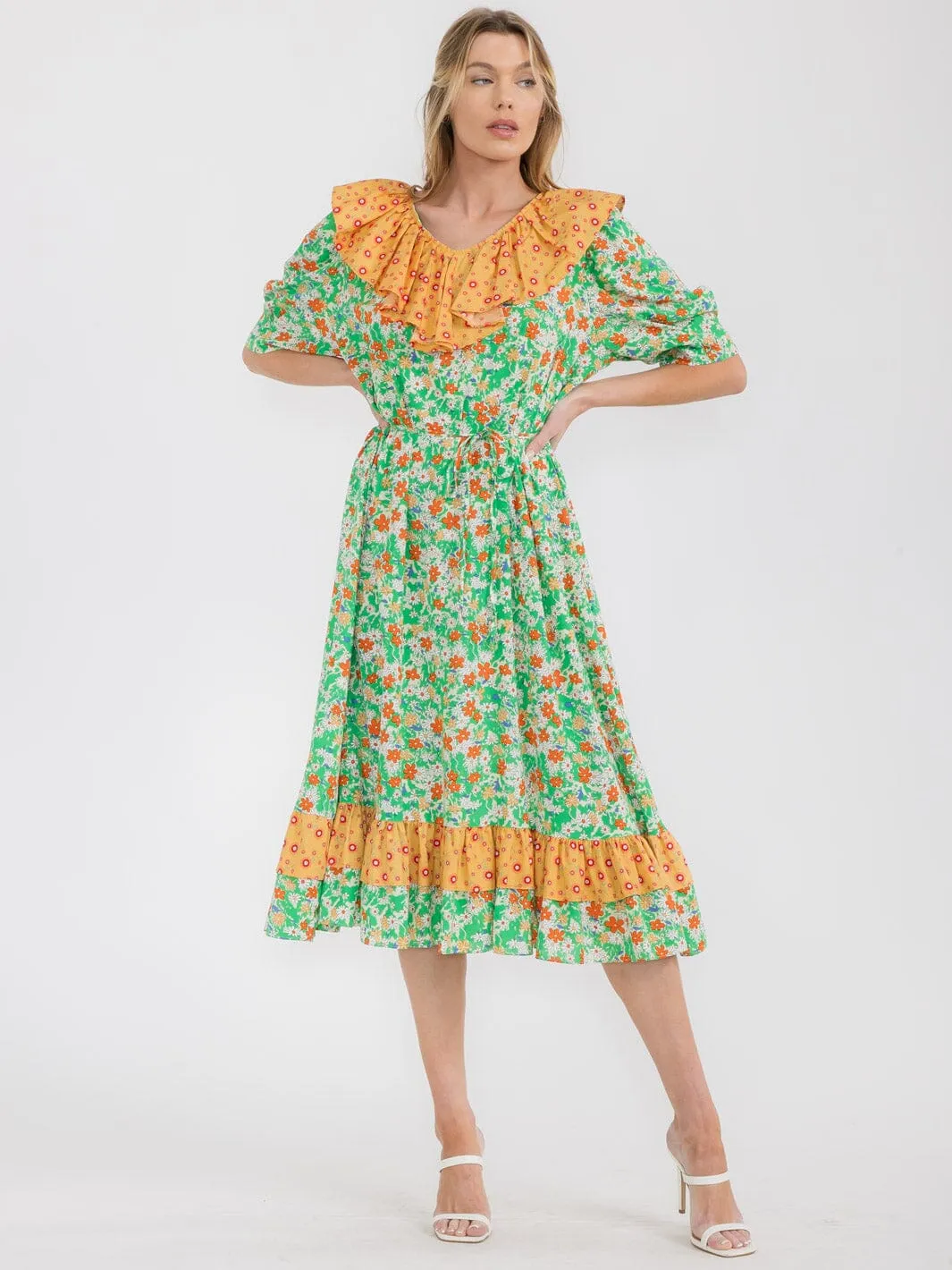 WOMEN'S SHORT SLEEVE RUFFLE COLORBLOCK  FLORAL MIDI DRESS