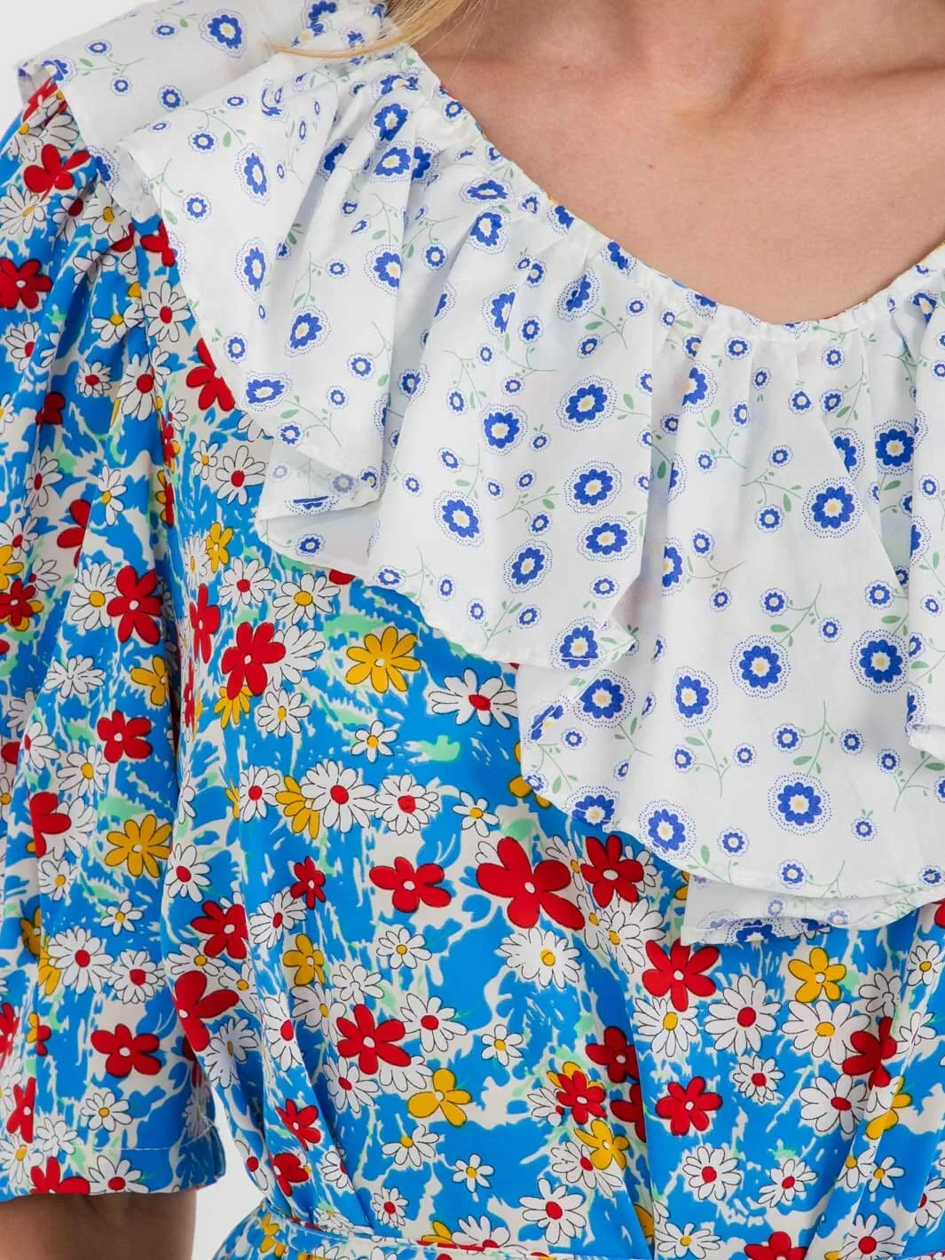 WOMEN'S SHORT SLEEVE RUFFLE COLORBLOCK  FLORAL MIDI DRESS