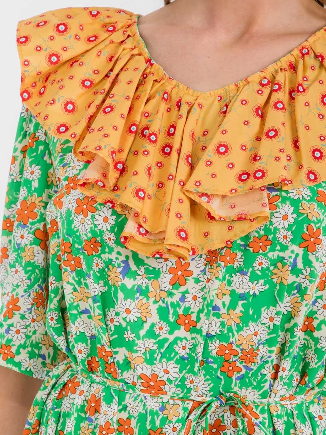 WOMEN'S SHORT SLEEVE RUFFLE COLORBLOCK  FLORAL MIDI DRESS