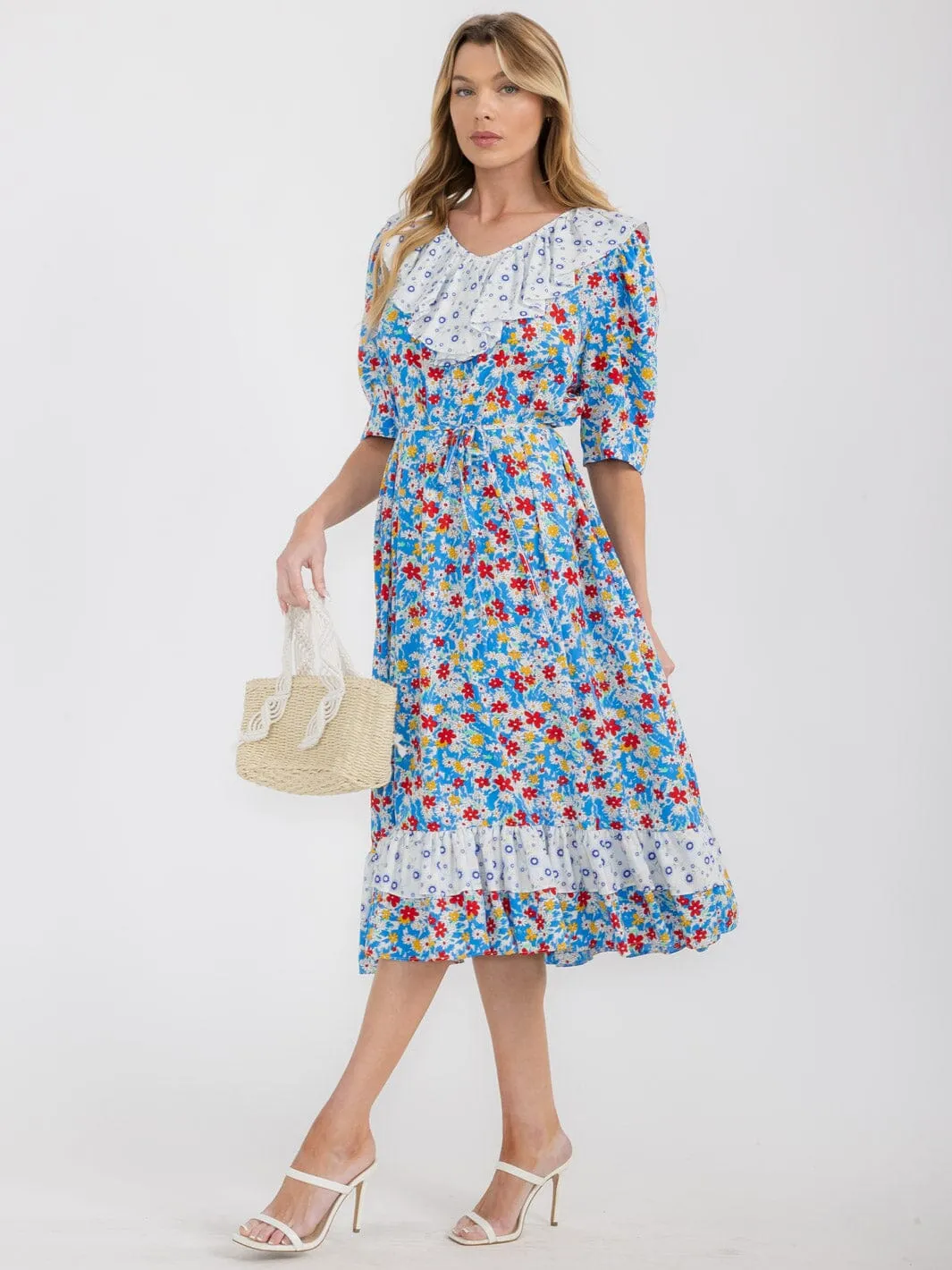 WOMEN'S SHORT SLEEVE RUFFLE COLORBLOCK  FLORAL MIDI DRESS
