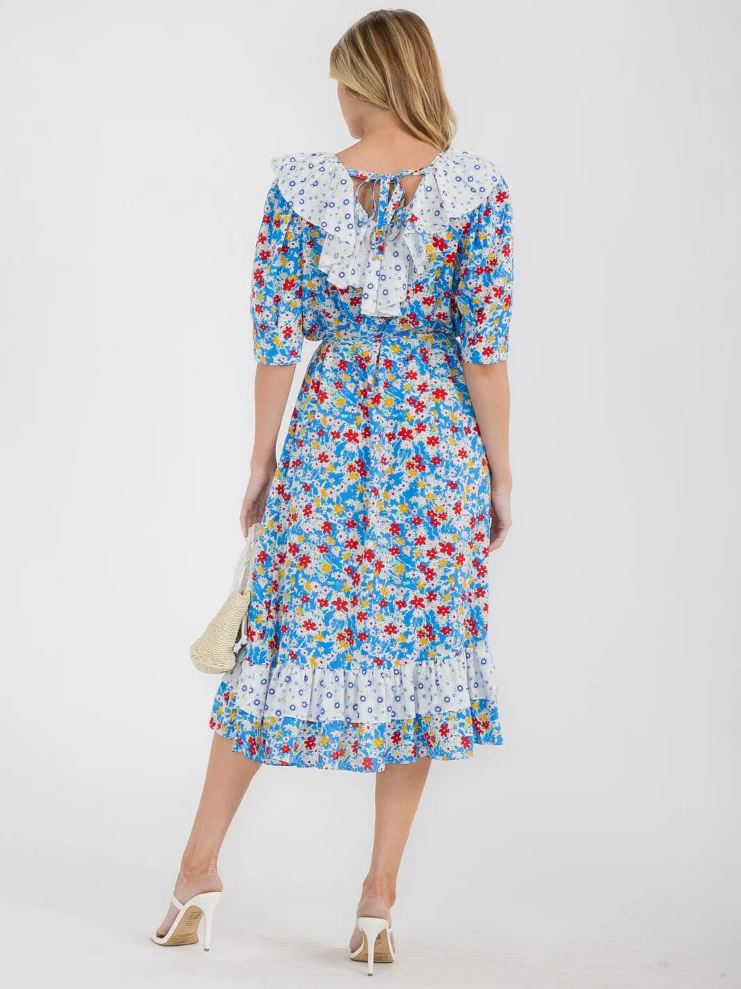 WOMEN'S SHORT SLEEVE RUFFLE COLORBLOCK  FLORAL MIDI DRESS