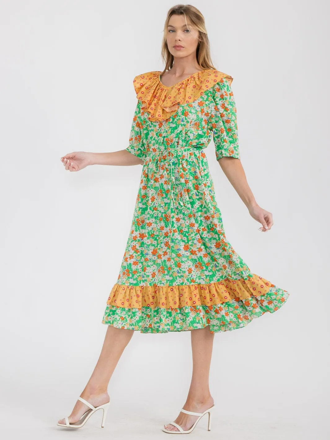 WOMEN'S SHORT SLEEVE RUFFLE COLORBLOCK  FLORAL MIDI DRESS