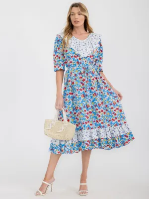 WOMEN'S SHORT SLEEVE RUFFLE COLORBLOCK  FLORAL MIDI DRESS