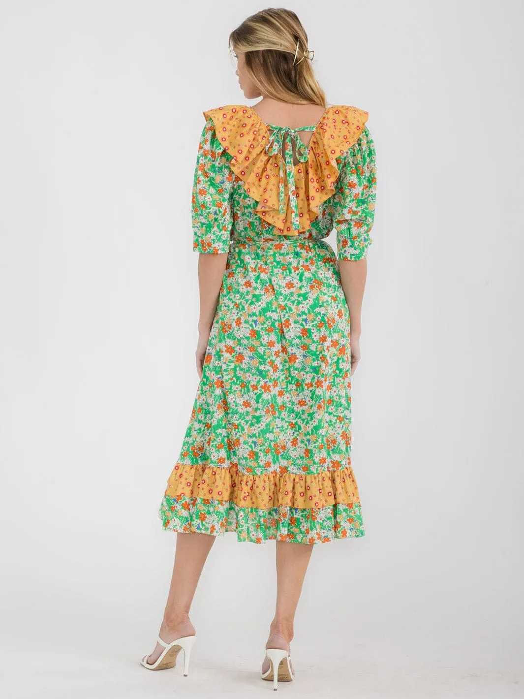 WOMEN'S SHORT SLEEVE RUFFLE COLORBLOCK  FLORAL MIDI DRESS