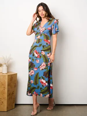 WOMEN'S SHORT SLEEVE V-NECK POCKETS FLORAL MIDI DRESS