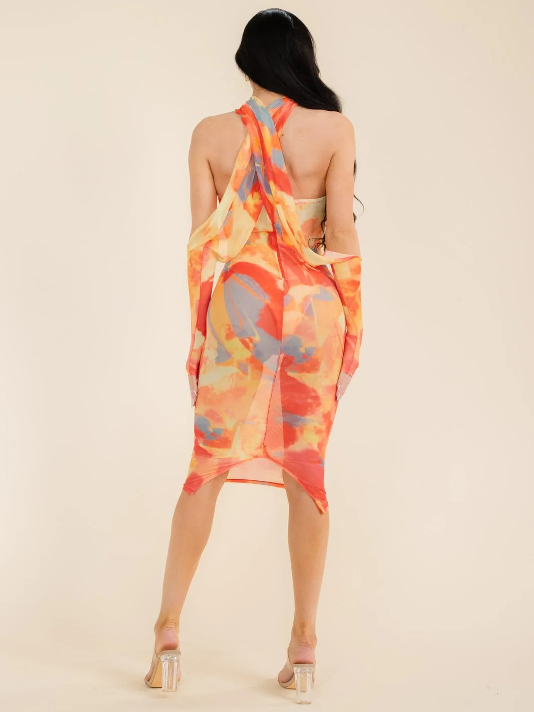 WOMEN'S SLEEVELESS BODYCON MULTI PRINT TUBE MIDI DRESS