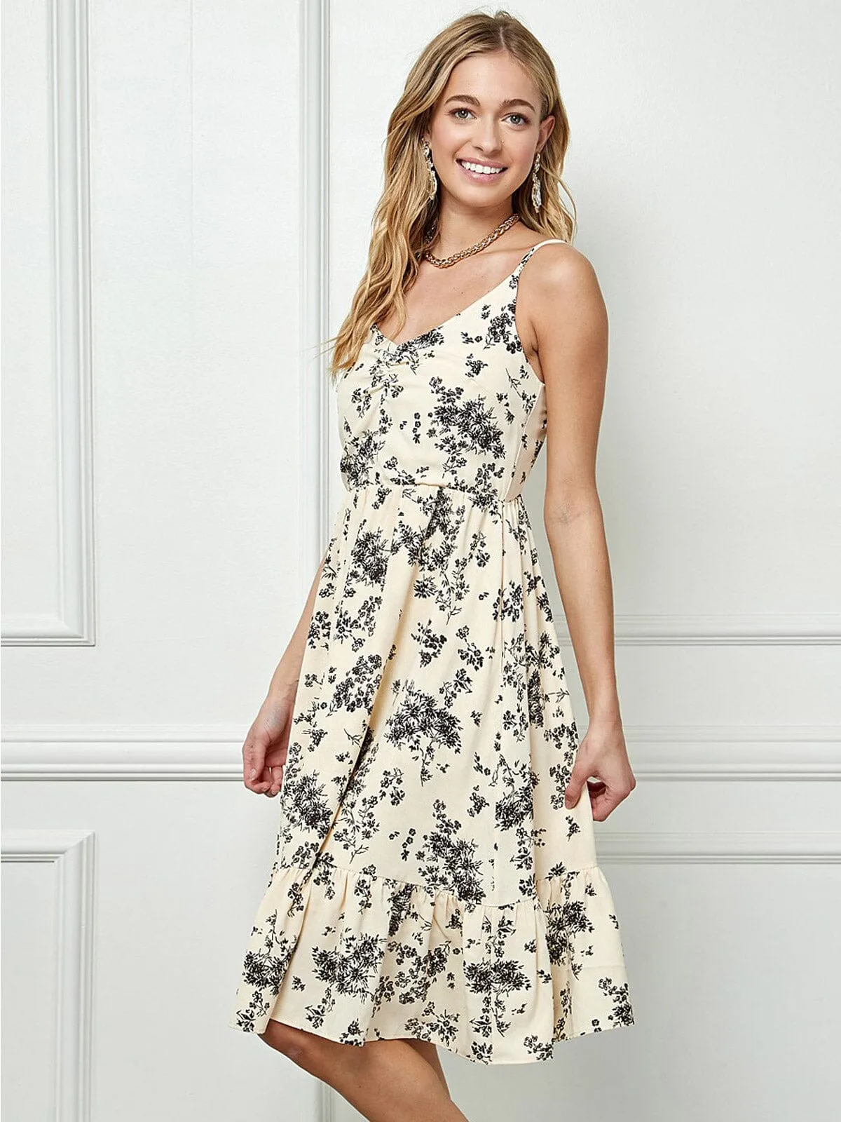 WOMEN'S SLEEVELESS FLORAL PRINT FIT & FLARE MIDI DRESS