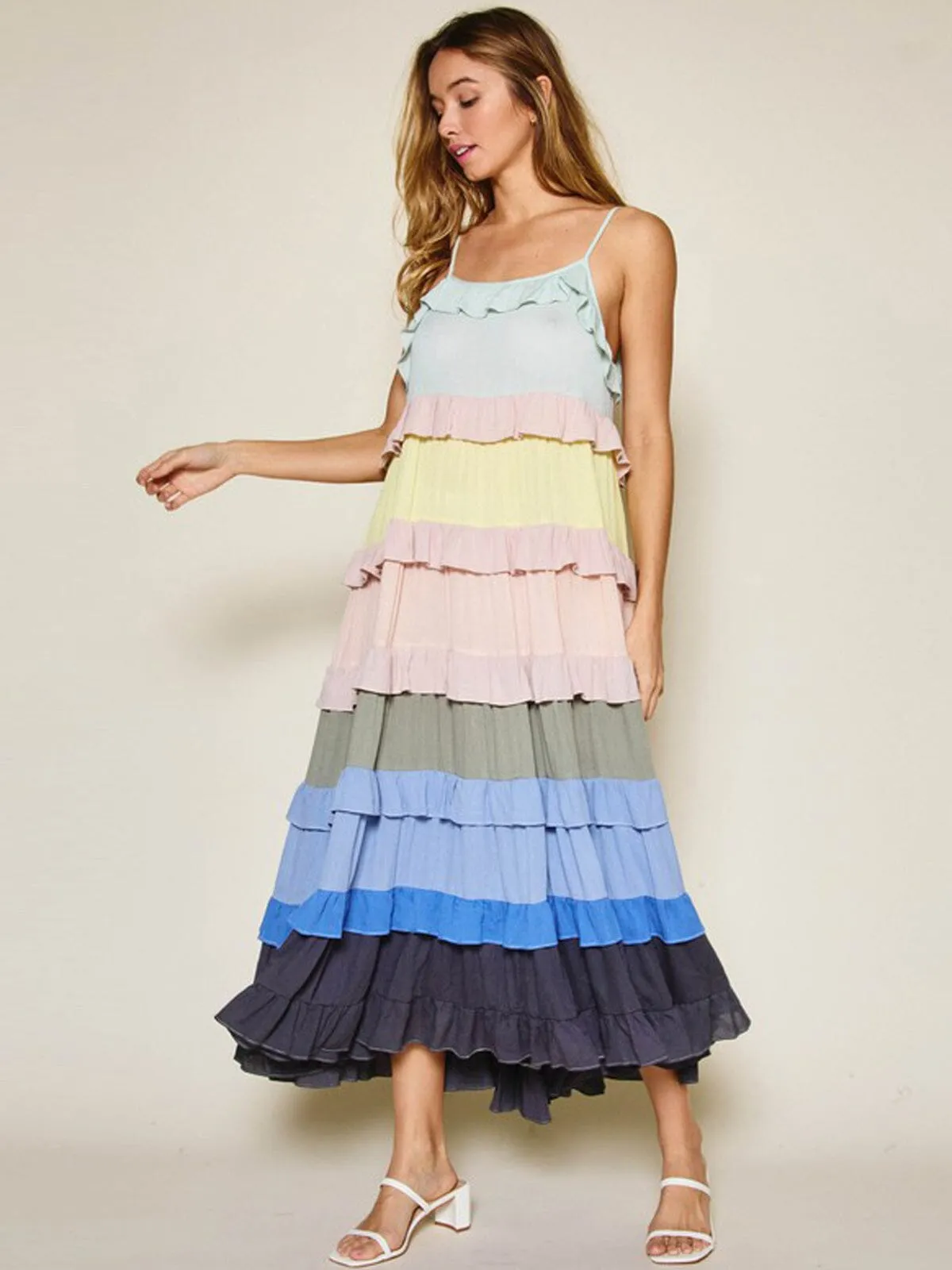 WOMEN'S SLEEVELESS RUFFLE TIERED COLORBLOCK MAXI DRESS