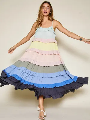 WOMEN'S SLEEVELESS RUFFLE TIERED COLORBLOCK MAXI DRESS