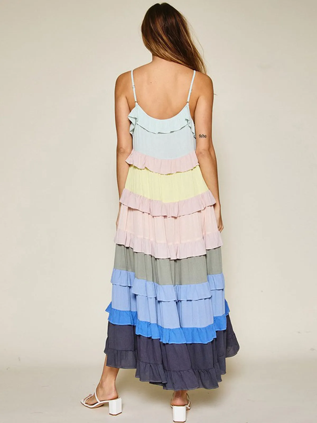 WOMEN'S SLEEVELESS RUFFLE TIERED COLORBLOCK MAXI DRESS