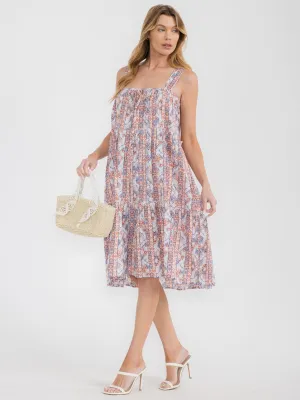 WOMEN'S SLEEVELESS SQUARE NECK TIERED MULTI PRINT TUNIC MIDI DRESS