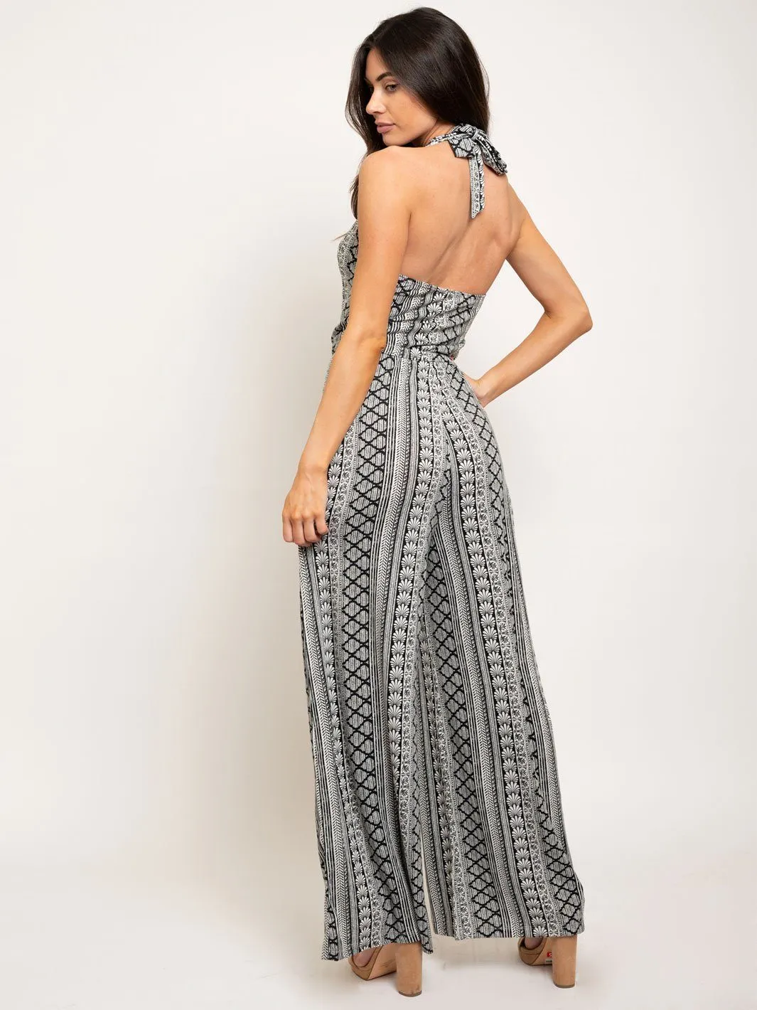 WOMEN'S V-NECK MULTI PRINT JUMPSUIT