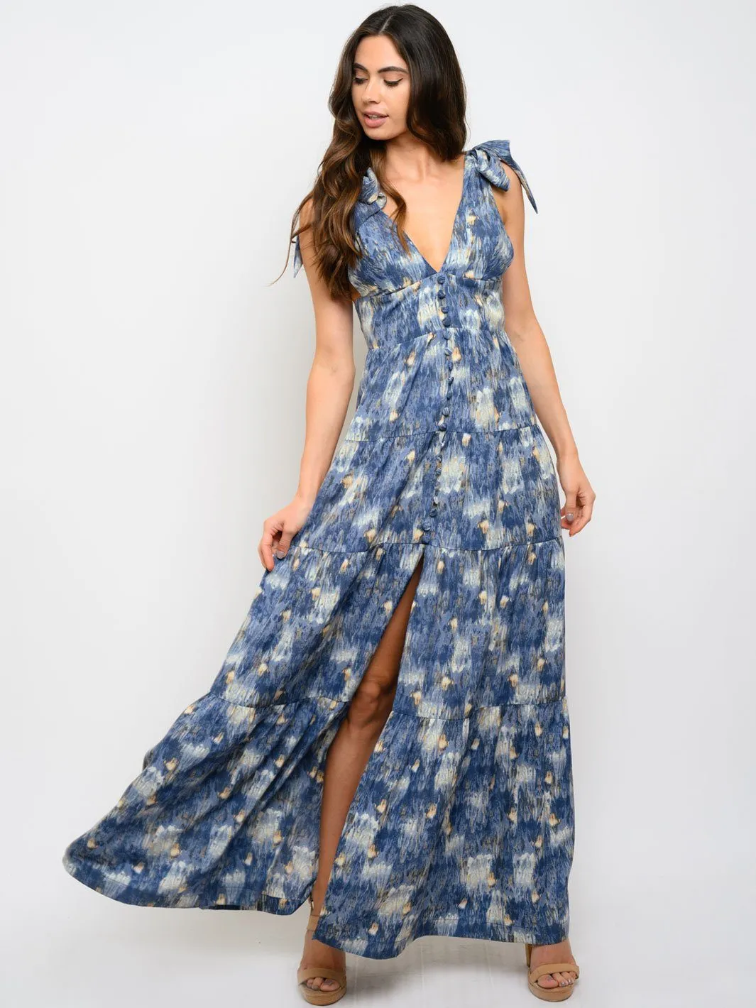 WOMEN'S V-NECK MULTI PRINT MAXI DRESS