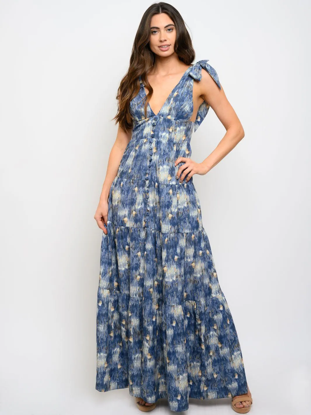 WOMEN'S V-NECK MULTI PRINT MAXI DRESS