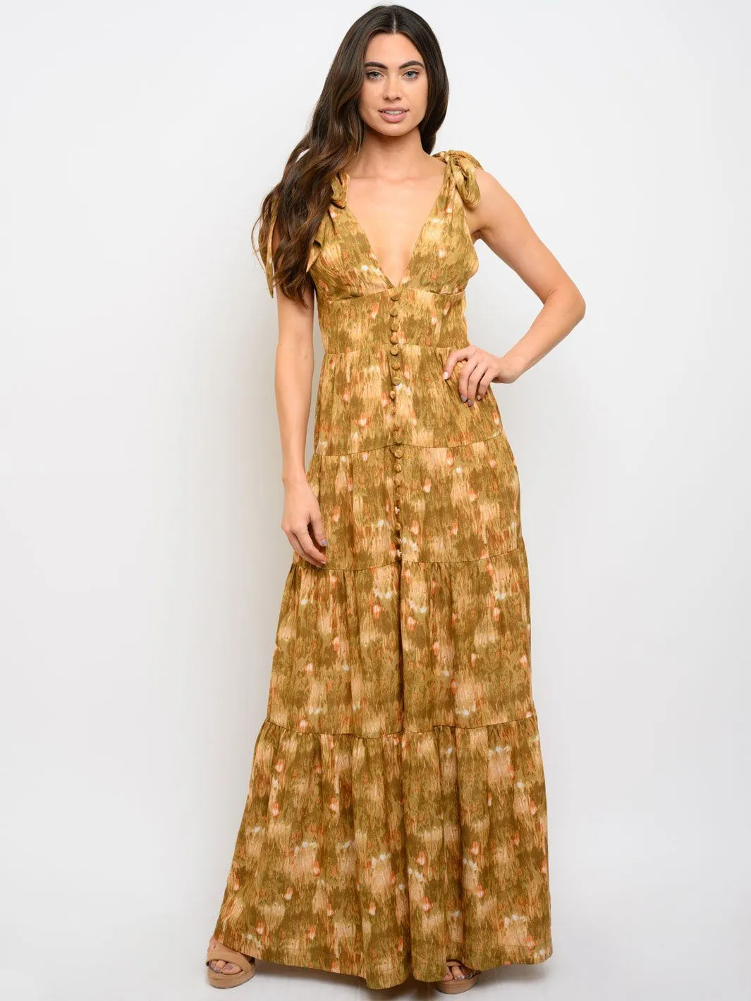 WOMEN'S V-NECK MULTI PRINT MAXI DRESS